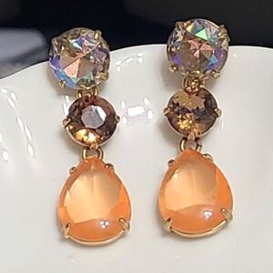 Vintage J Crew Gold Tone Iridescent Brown Orange Crystal Drop Dangle Earrings